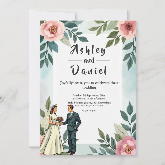 Romantische bruid en bruidegom Waterverf bloemenbr Kaart (Voorkant)