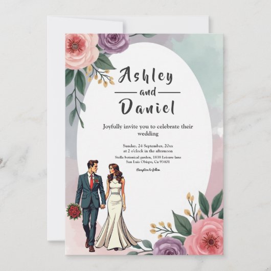 Romantische bruid en bruidegom Waterverf bloemenbr Kaart (Voorkant)