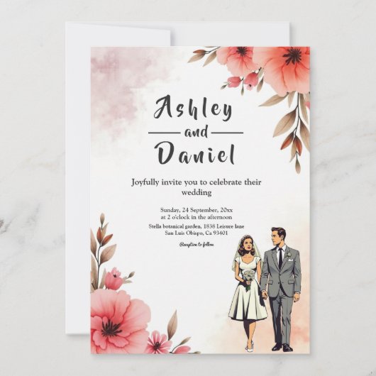 Romantische bruid en bruidegom Waterverf bloemenbr Kaart (Voorkant)