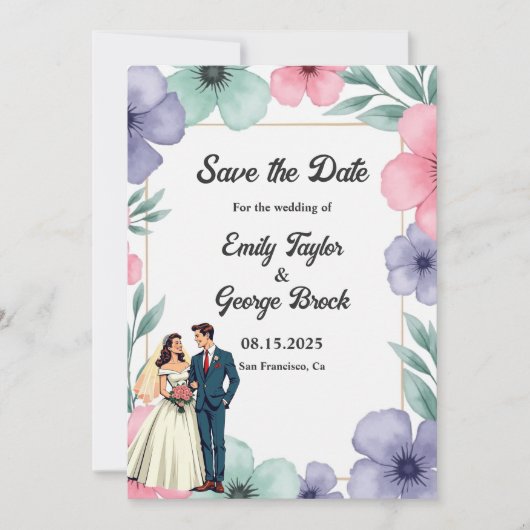 Romantische bruid en bruidegom Waterverf bloemenbr Save The Date (Voorkant)