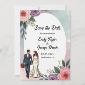 Romantische bruid en bruidegom Waterverf bloemenbr Save The Date (Voorkant)