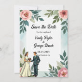 Romantische bruid en bruidegom Waterverf bloemenbr Save The Date (Voorkant)