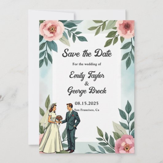 Romantische bruid en bruidegom Waterverf bloemenbr Save The Date (Voorkant)