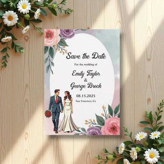 Romantische bruid en bruidegom Waterverf bloemenbr Save The Date