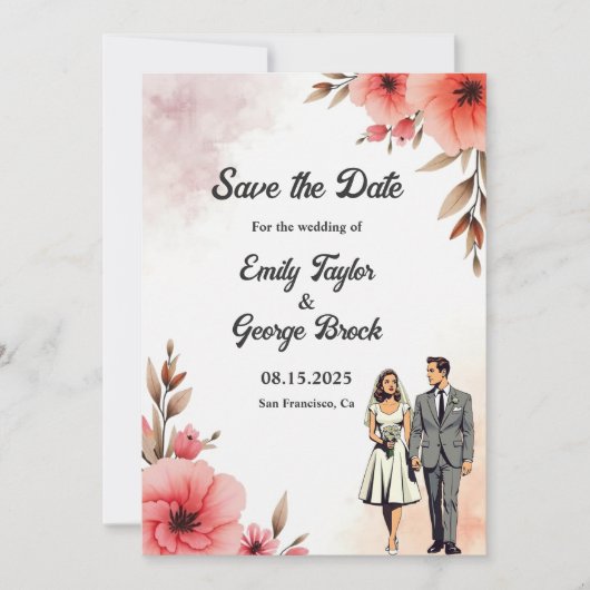 Romantische bruid en bruidegom Waterverf bloemenbr Save The Date (Voorkant)