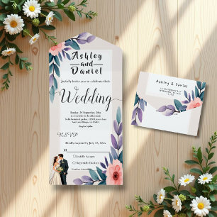 Romantische bruid en bruidegom zomer bloemenbruilo all in one uitnodiging