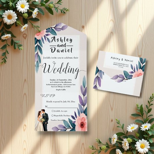 Romantische bruid en bruidegom zomer bloemenbruilo all in one uitnodiging