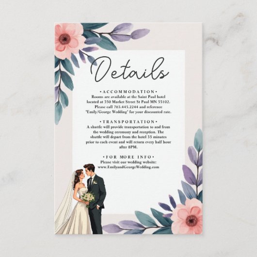 Romantische bruid en bruidegom zomer bloemenbruilo informatiekaartje (Voorkant)