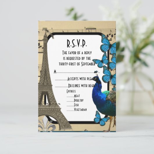 Romantische  bruiloft Parijs R.S.V.P RSVP Kaartje (Staand voorkant)