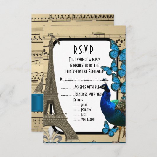 Romantische  bruiloft Parijs R.S.V.P RSVP Kaartje (Voorkant / Achterkant)