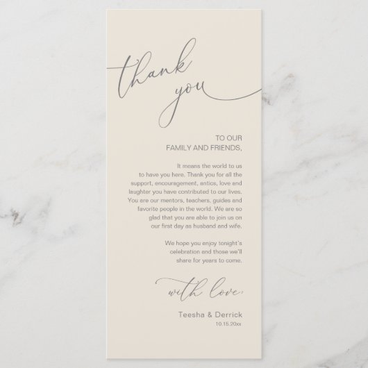 Romantische bruiloft plaats instelling dank u kaar programmakaart (Voorkant)