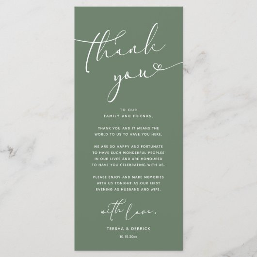 Romantische bruiloft plaats instelling dank u kaar programmakaart (Voorkant)