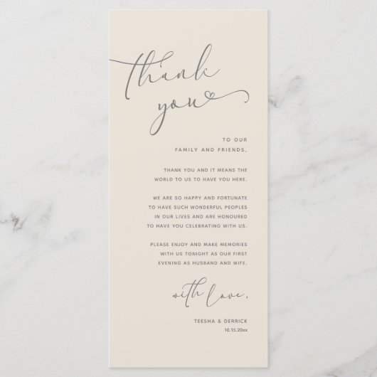 Romantische bruiloft plaats instelling dank u kaar programmakaart (Voorkant)