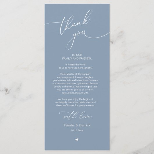 Romantische bruiloft plaats instelling dank u kaar programmakaart (Voorkant)