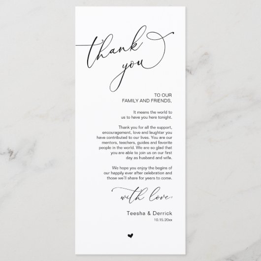 Romantische bruiloft plaats instelling dank u kaar programmakaart (Voorkant)