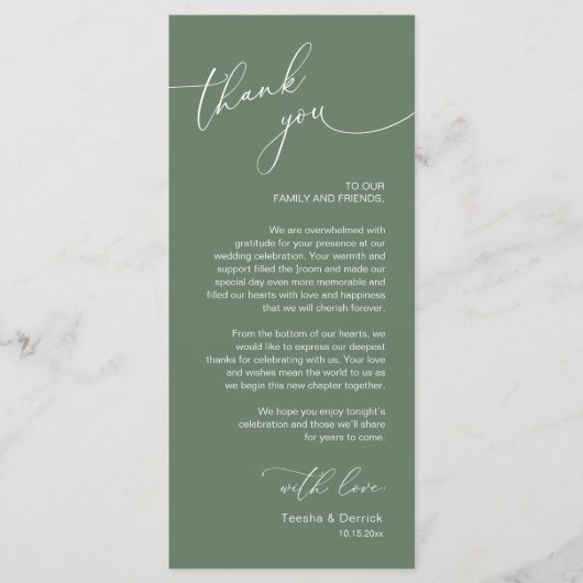 Romantische bruiloft plaats instelling dank u kaar programmakaart (Voorkant)