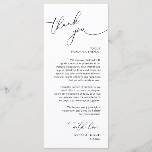 Romantische bruiloft plaats instelling dank u kaar programmakaart (Voorkant)