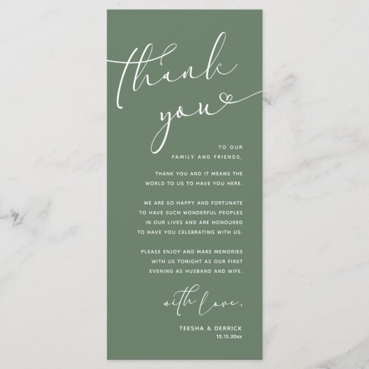 Romantische bruiloft plaats instelling dank u kaar programmakaart (Voorkant)