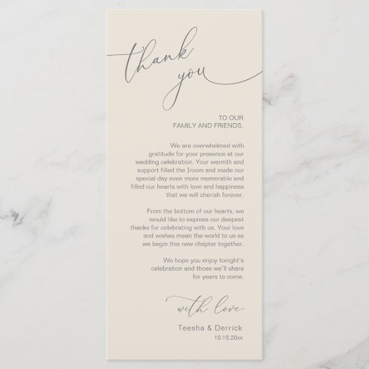 Romantische bruiloft plaats instelling dank u kaar programmakaart (Voorkant)