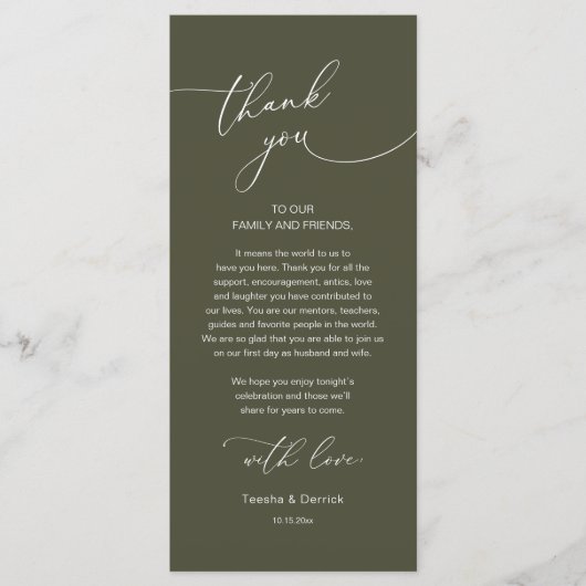 Romantische bruiloft plaats instelling dank u kaar programmakaart (Voorkant)