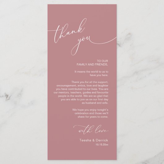 Romantische bruiloft plaats instelling dank u kaar programmakaart (Voorkant)