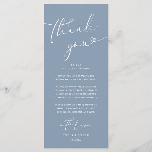 Romantische bruiloft plaats instelling dank u kaar programmakaart (Voorkant)