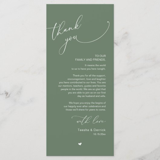 Romantische bruiloft plaats instelling dank u kaar programmakaart (Voorkant)