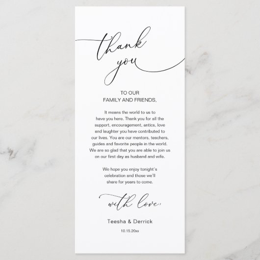 Romantische bruiloft plaats instelling dank u kaar programmakaart (Voorkant)