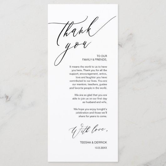 Romantische bruiloft plaats instelling dank u kaar programmakaart (Voorkant)