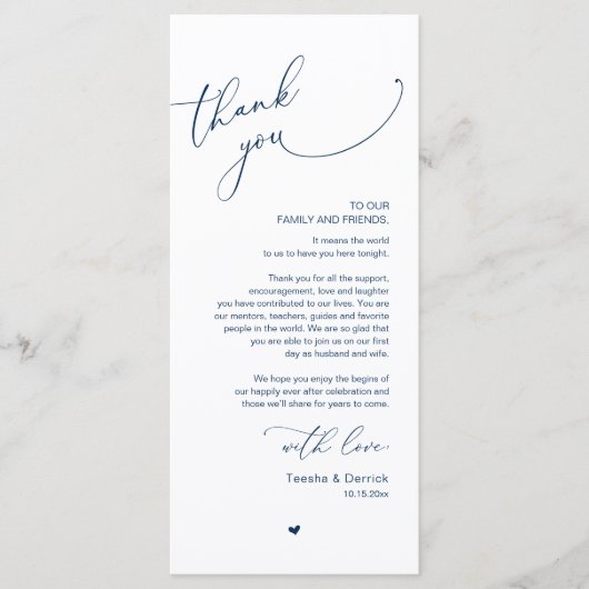 Romantische bruiloft plaats instelling dank u kaar programmakaart (Voorkant)