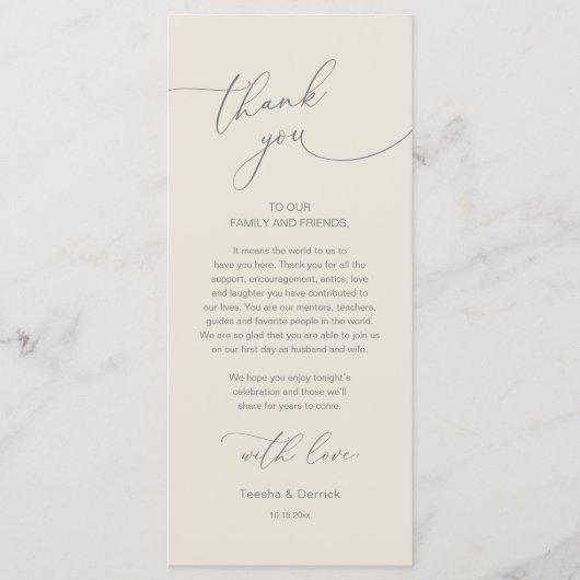 Romantische bruiloft plaats instelling dank u kaar programmakaart (Voorkant)