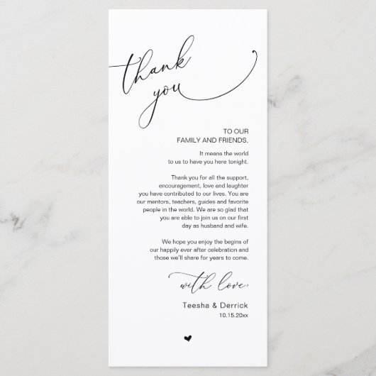 Romantische bruiloft plaats instelling dank u kaar programmakaart (Voorkant)