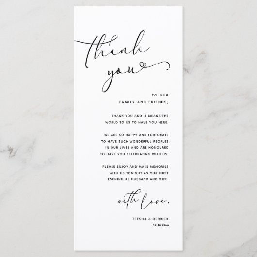 Romantische bruiloft plaats instelling dank u kaar programmakaart (Voorkant)