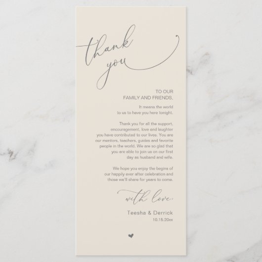 Romantische bruiloft plaats instelling dank u kaar programmakaart (Voorkant)