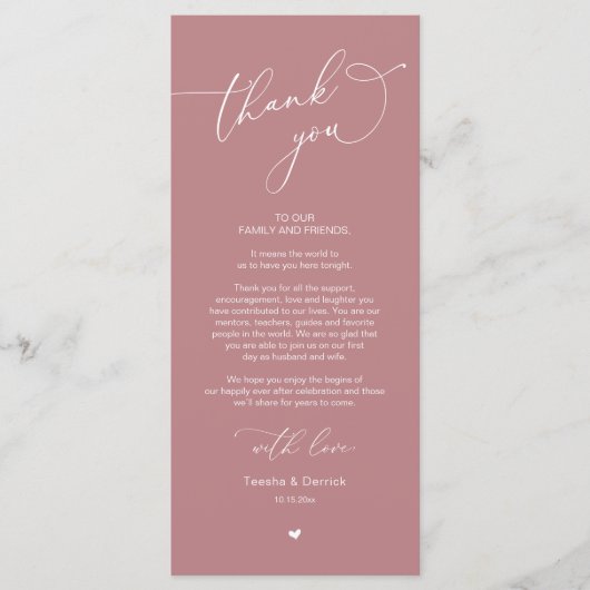 Romantische bruiloft plaats instelling dank u kaar programmakaart (Voorkant)
