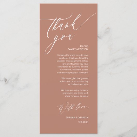 Romantische bruiloft plaats instelling dank u kaar programmakaart (Voorkant)