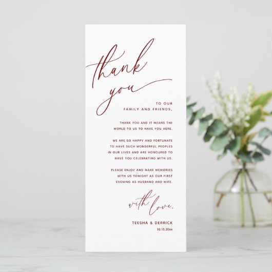 Romantische bruiloft plaats instelling dank u kaar programmakaart (Staand voorkant)