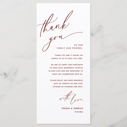 Romantische bruiloft plaats instelling dank u kaar programmakaart (Voorkant)