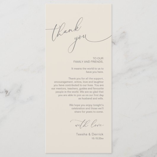 Romantische bruiloft plaats instelling dank u kaar programmakaart (Voorkant)