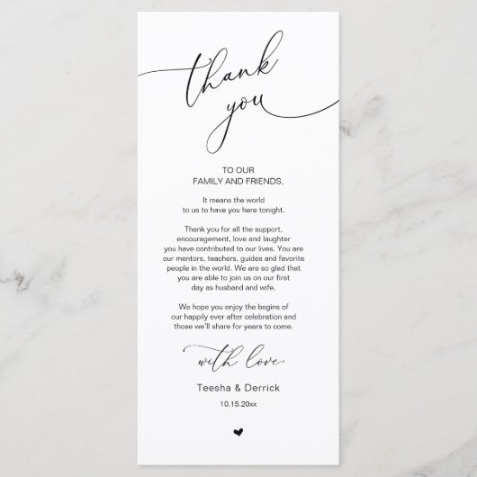 Romantische bruiloft plaats instelling dank u kaar programmakaart (Voorkant)