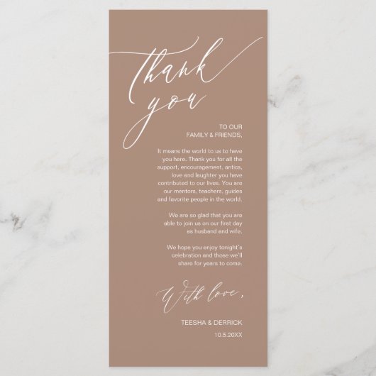 Romantische bruiloft plaats instelling dank u kaar programmakaart (Voorkant)