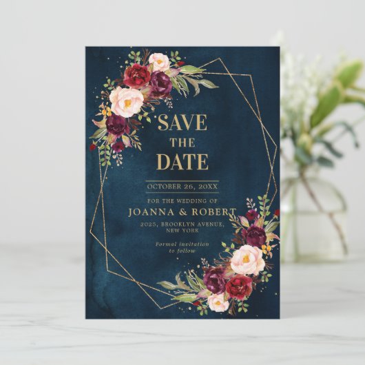 Romantische Burgundy Blush Roze Botanische Geometr Save The Date (Staand voorkant)
