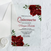 Romantische Burgundy Rode Roos Quinceanera Uitnodi