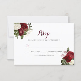 Romantische Burgundy Rood Witte Bloemige Trouw-Huw RSVP Kaartje