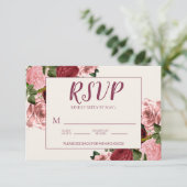 Romantische Burgundy Roze Roze Bloemige Bruiloft RSVP Kaartje (Staand voorkant)