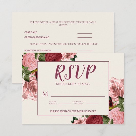 Romantische Burgundy Roze Roze Bloemige Bruiloft RSVP Kaartje (Voorkant / Achterkant)