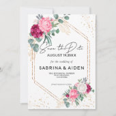 Romantische BurgundyRoze Bloemige Save The Date  (Voorkant)