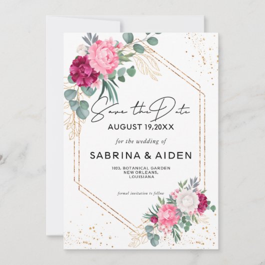 Romantische BurgundyRoze Bloemige Save The Date  (Voorkant)