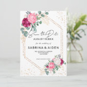 Romantische BurgundyRoze Bloemige Save The Date  (Staand voorkant)