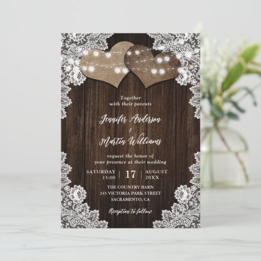 Romantische Burlap en Lace String Lights Bruiloft Kaart (Staand voorkant)